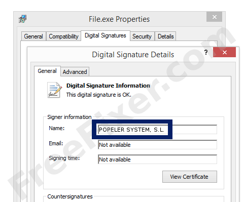 Screenshot of the POPELER SYSTEM, S.L. certificate